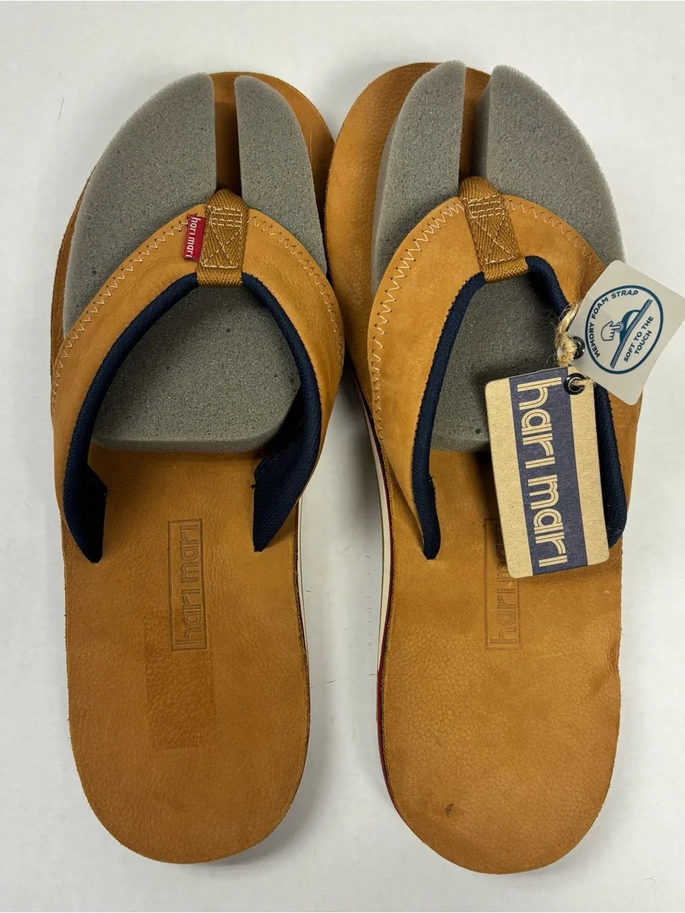 NWT Hari Mari Pier Tan Leather Memory Foam Strap Flip Flop Made In Mexico Sz 14
